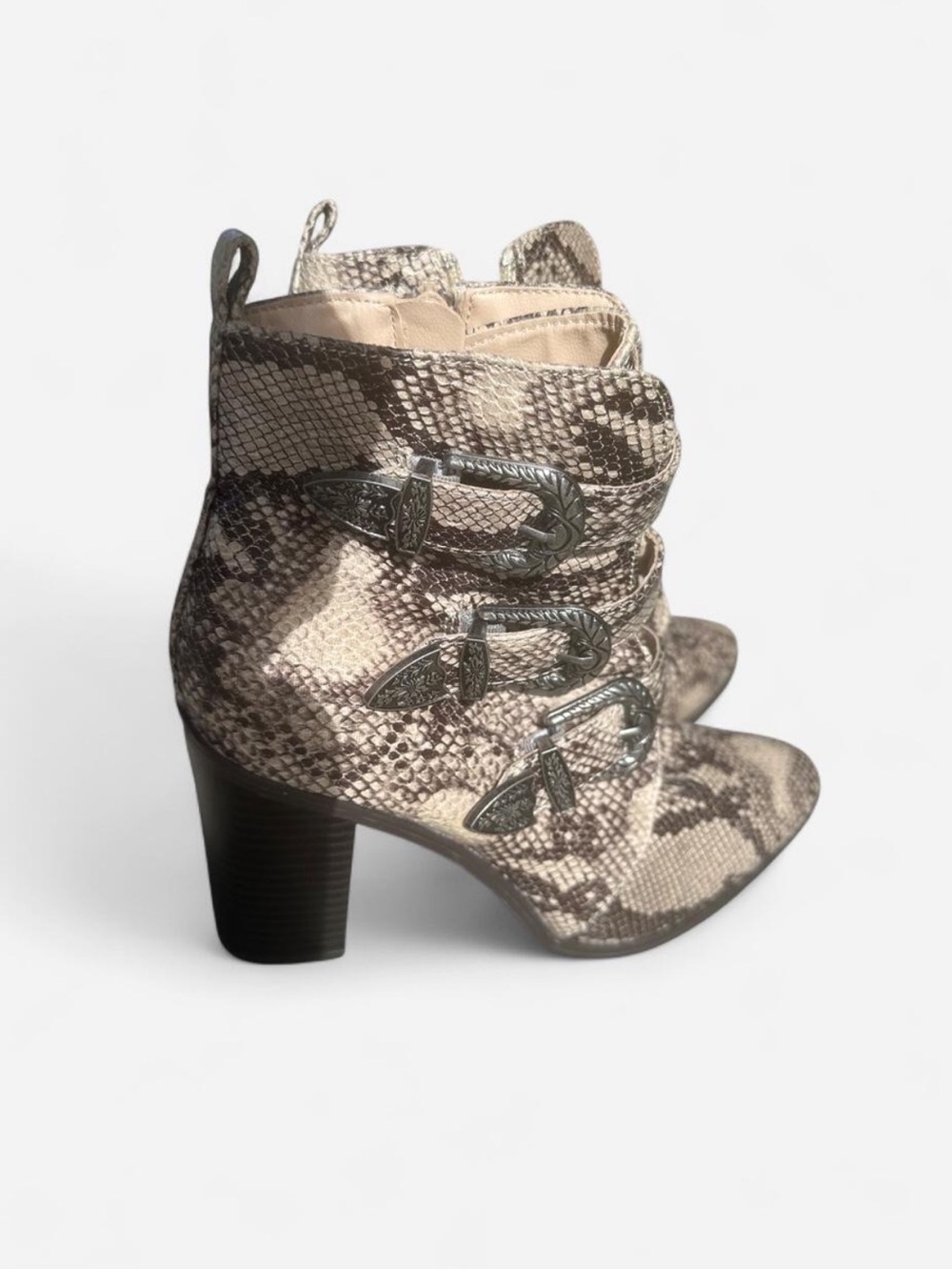 Snake-Print Buckle Ankle Boots in Neutral Tones
